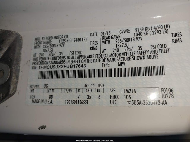 Продаж на аукціоні авто 2015 Ford Escape Titanium, vin: 1FMCU9JX2FUB17643, номер лоту: 43894729