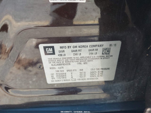 2015 Buick Encore მანქანა იყიდება აუქციონზე, vin: KL4CJASBXFB242235, აუქციონის ნომერი: 43894771
