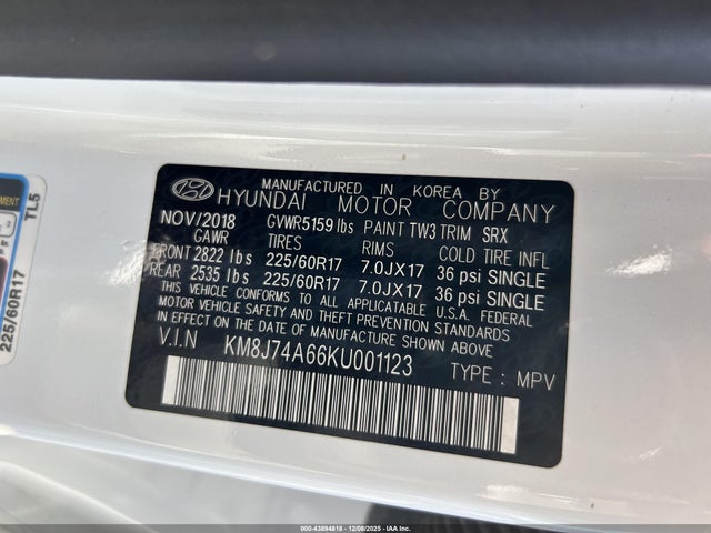 43894818 :رقم المزاد ، KM8J74A66KU001123 vin ، 2019 Hyundai Nexo Blue مزاد بيع