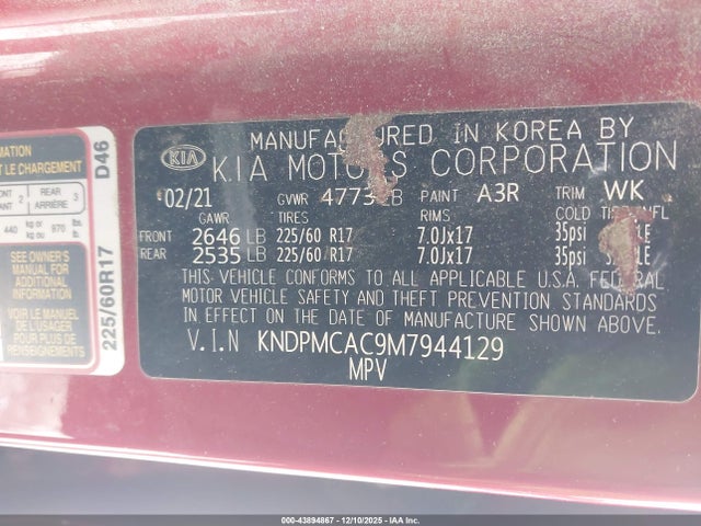Aukcja sprzedaży 2021 Kia Sportage Lx, vin: KNDPMCAC9M7944129, numer aukcji: 43894867