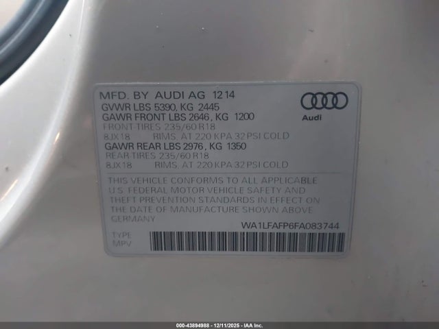 Продажа на аукционе авто 2015 Audi Q5 2.0t Premium, vin: WA1LFAFP6FA083744, номер лота: 43894988