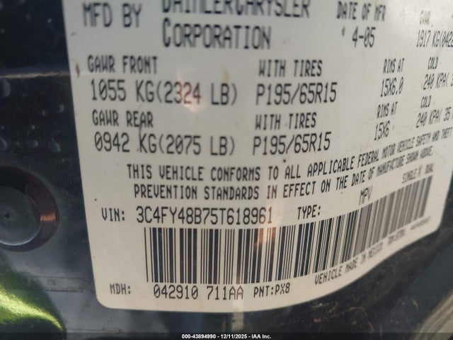 43894990 :رقم المزاد ، 3C4FY48B75T618961 vin ، 2005 Chrysler Pt Cruiser مزاد بيع