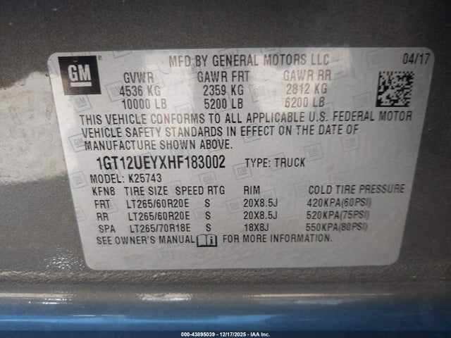 Aukcja sprzedaży 2017 Gmc Sierra 2500hd Denali, vin: 1GT12UEYXHF183002, numer aukcji: 43895039