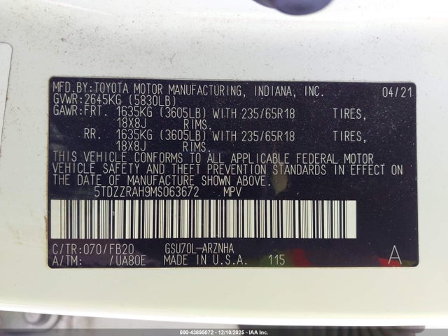 Toyota Highlander Le 2021 5TDZZRAH9MS063672 Image 9