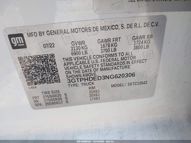 Aukcja sprzedaży 2022 Gmc Sierra 1500 2wd  Short Box Slt, vin: 3GTPHDED3NG620306, numer aukcji: 43895181