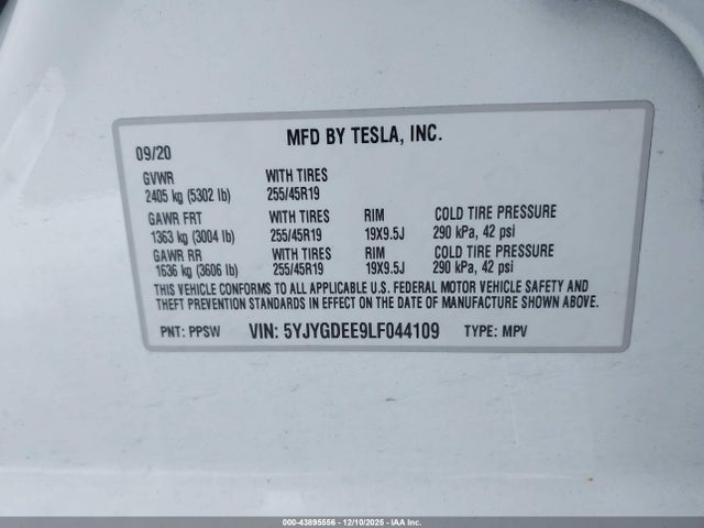 2020 TESLA MODEL Y 5YJYGDEE9LF044109 Photo 8