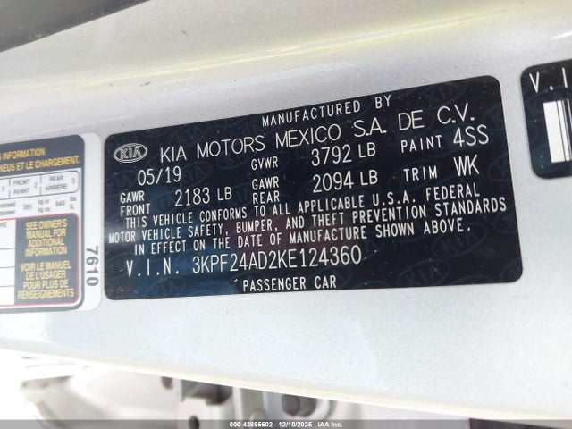 Aukcja sprzedaży 2019 Kia Forte Lxs, vin: 3KPF24AD2KE124360, numer aukcji: 43895602