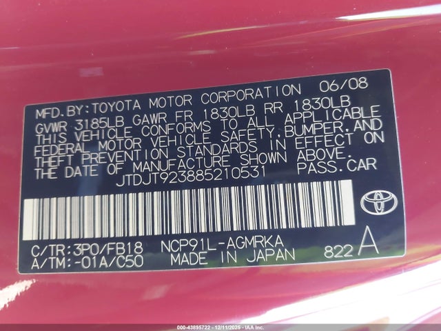2008 TOYOTA YARIS JTDJT923885210531 Photo 8