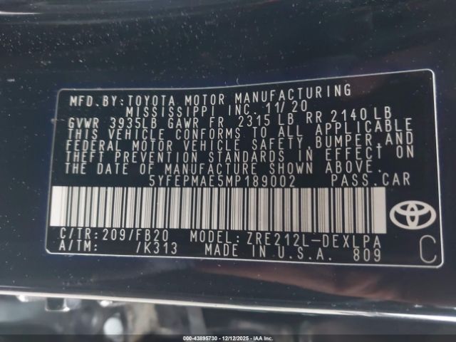 2021 TOYOTA COROLLA 5YFEPMAE5MP189002 Photo 8