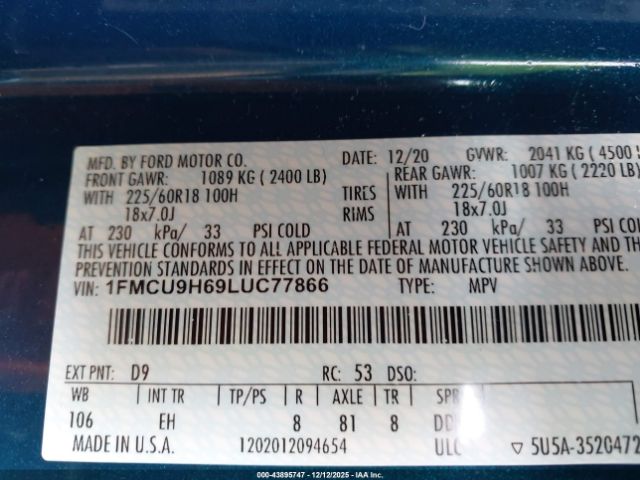 2020 FORD ESCAPE 1FMCU9H69LUC77866 Photo 8