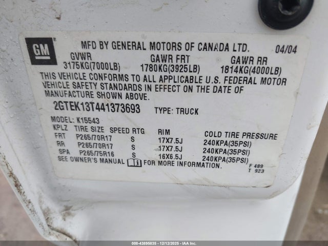 Aukcja sprzedaży 2004 Gmc Sierra 1500 Sle, vin: 2GTEK13T441373693, numer aukcji: 43895835