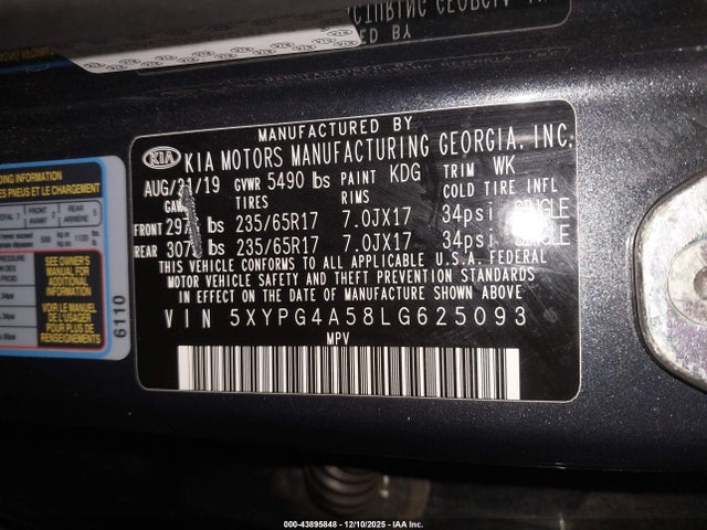 5XYPG4A58LG625093 KIA Sorento 3.3l Lx