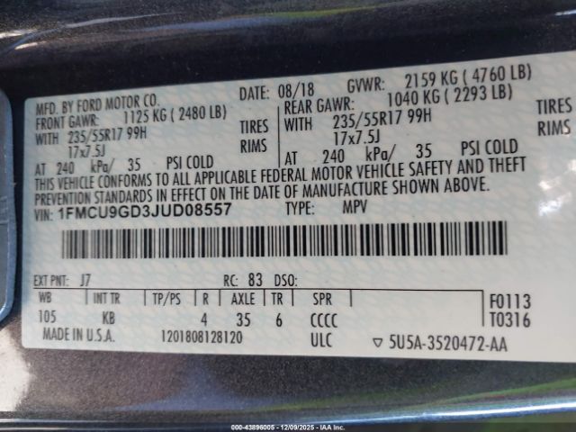 2018 FORD ESCAPE 1FMCU9GD3JUD08557 Photo 8