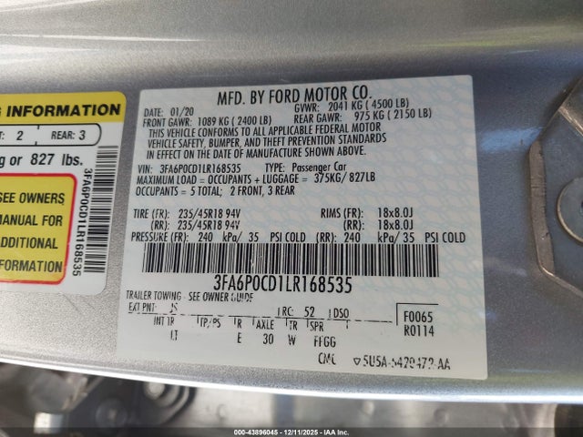 Ford FUSION SEL 2020 3FA6P0CD1LR168535 Image 9