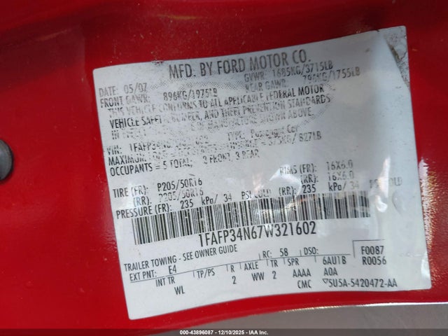 43896087 :رقم المزاد ، 1FAFP34N67W321602 vin ، 2007 Ford Focus S/se/ses مزاد بيع