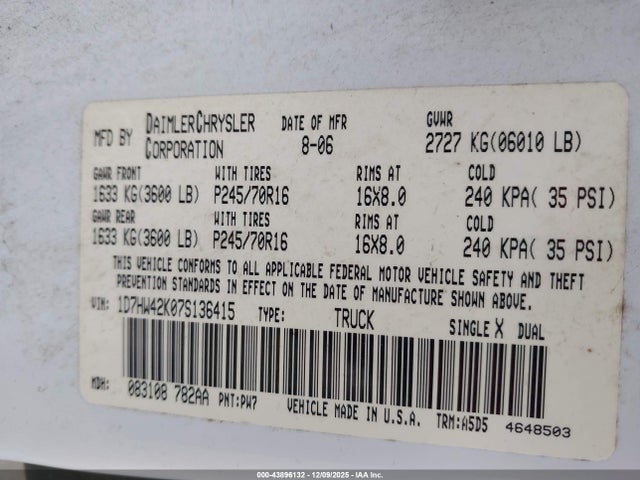 2007 Dodge Dakota Slt მანქანა იყიდება აუქციონზე, vin: 1D7HW42K07S136415, აუქციონის ნომერი: 43896132