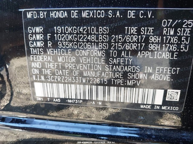 3CZRZ2H33TM722615 Honda Hr-v Awd Lx