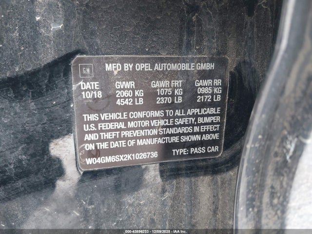 43896233 :رقم المزاد ، W04GM6SX2K1026736 vin ، 2019 Buick Regal Sportback Fwd Preferred Ii مزاد بيع