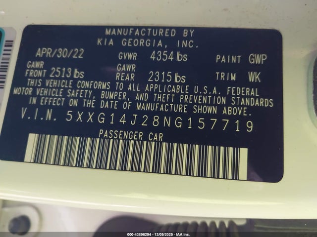 Продажа на аукционе авто 2022 Kia K5 Lxs, vin: 5XXG14J28NG157719, номер лота: 43896294