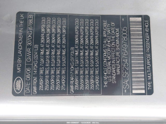 Продаж на аукціоні авто 2006 Land Rover Range Rover Sport Hse, vin: SALSF25476A978005, номер лоту: 43896307
