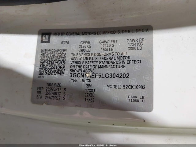 Aukcja sprzedaży 2020 Chevrolet Silverado 1500 4wd  Long Bed Wt, vin: 3GCNYAEF5LG304202, numer aukcji: 43896308