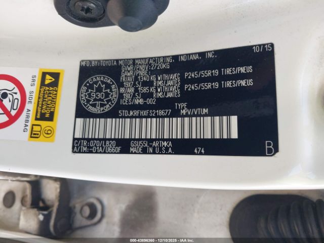 2015 TOYOTA HIGHLANDER 5TDJKRFHXFS218677 Photo 8