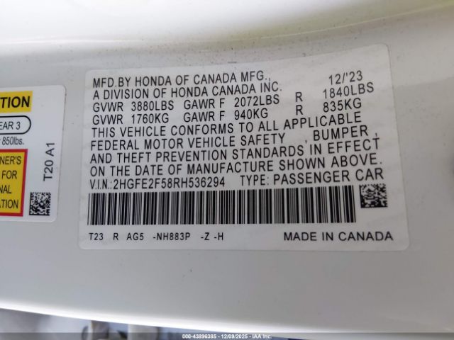 2024 HONDA CIVIC 2HGFE2F58RH536294 Photo 8