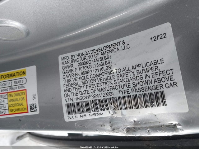 1HGCV1F39NA123000 Honda Accord Sport