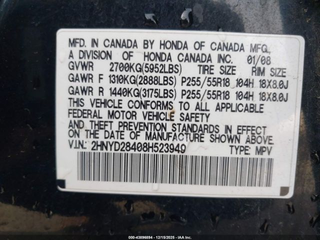 2008 ACURA MDX 2HNYD28408H523949 Photo 8