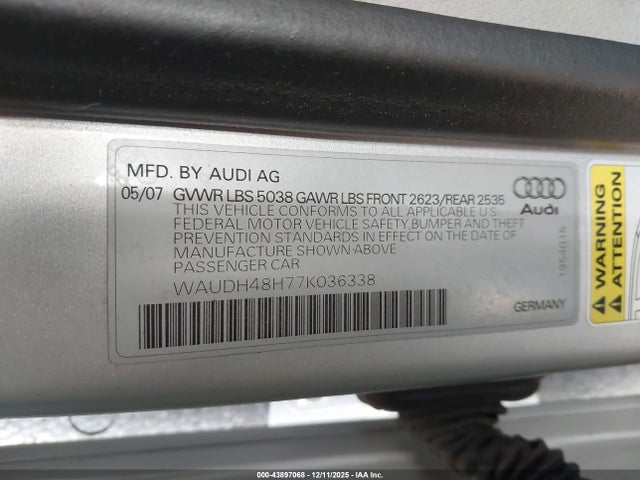 2007 AUDI A4 WAUDH48H77K036338 Photo 8
