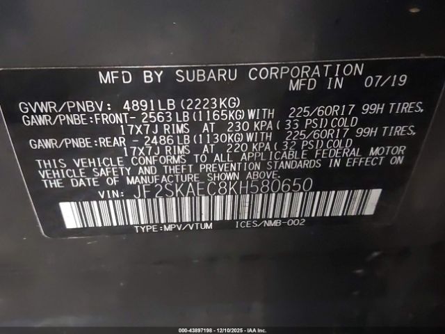 2019 SUBARU FORESTER JF2SKAEC8KH580650 Photo 8