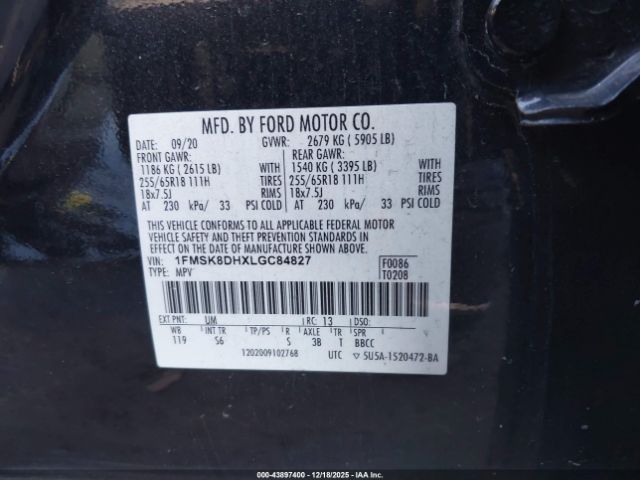 2020 FORD EXPLORER 1FMSK8DHXLGC84827 Photo 8