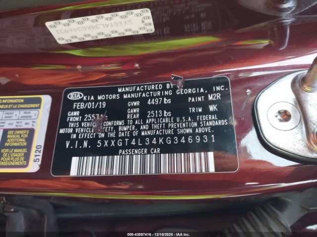 2019 KIA OPTIMA 5XXGT4L34KG346931 Photo 8