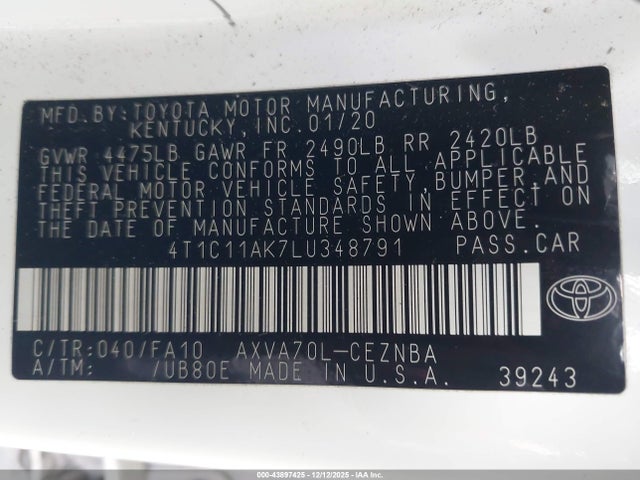 Toyota CAMRY LE 2020 4T1C11AK7LU348791 Image 9