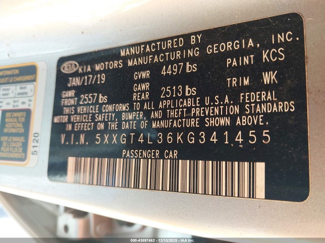 5XXGT4L36KG341455 KIA Optima Lx