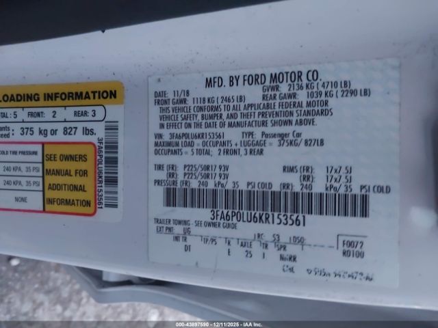2019 FORD FUSION HYBRID 3FA6P0LU6KR153561 Photo 8