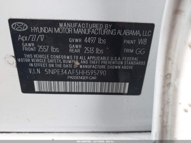 43897593 :رقم المزاد ، 5NPE34AF5HH595790 vin ، 2017 Hyundai Sonata Limited مزاد بيع