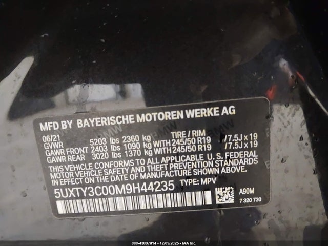 Aukcja sprzedaży 2021 Bmw X3 Sdrive30i, vin: 5UXTY3C00M9H44235, numer aukcji: 43897814