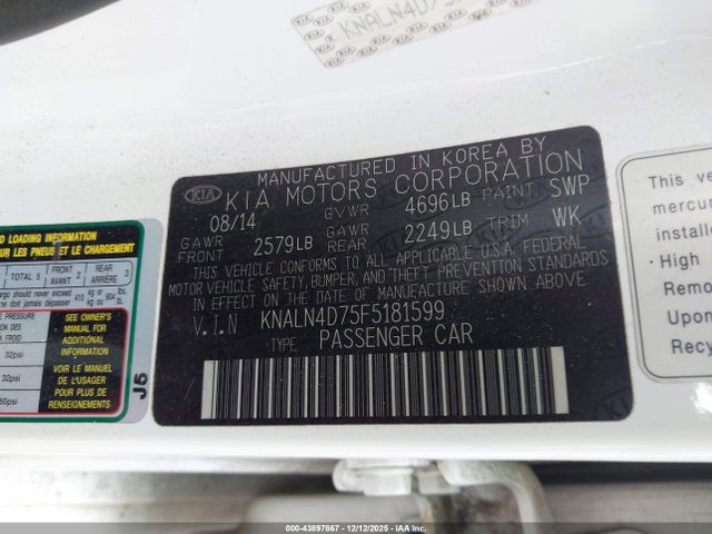 Aukcja sprzedaży 2015 Kia Cadenza Premium, vin: KNALN4D75F5181599, numer aukcji: 43897867