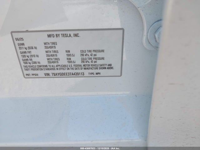 43897923 :رقم المزاد ، 7SAYGDEE3TA439113 vin ، 2026 Tesla Model Y Long Range Dual Motor All-wheel Drive/long Range Launch Series مزاد بيع