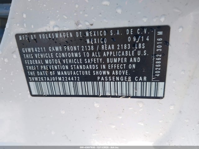 43897935 :رقم المزاد ، 3VW2K7AJ0FM224472 vin ، 2015 Volkswagen Jetta 2.0l S مزاد بيع