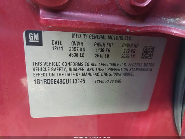 43897980 :رقم المزاد ، 1G1RD6E48CU113145 vin ، 2012 Chevrolet Volt مزاد بيع