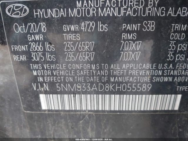 2019 HYUNDAI SANTA FE 5NMS33AD8KH055589 Photo 8