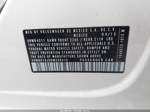 43897994 :رقم المزاد ، 3VWDX7AJ5DM289910 vin ، 2013 Volkswagen Jetta Se W/convenience مزاد بيع