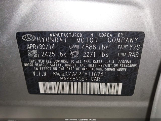 Продажа на аукционе авто 2014 Hyundai Sonata Hybrid, vin: KMHEC4A42EA116741, номер лота: 43898003