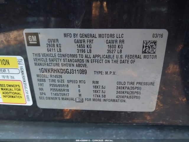 1GNKRHKD5GJ311089 Chevrolet Traverse 2lt