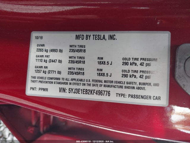 2019 TESLA MODEL 3 5YJ3E1EB2KF496776 Photo 8