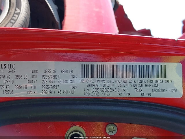 43898122 :رقم المزاد ، 1C6RR7GG2GS294211 vin ، 2016 Ram 1500 Slt مزاد بيع
