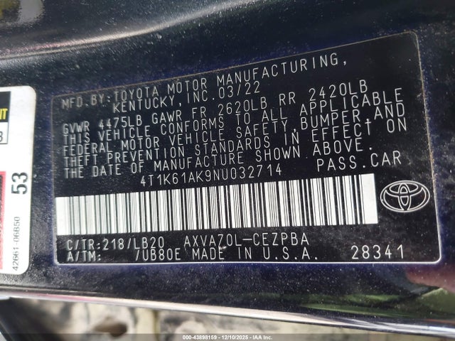 4T1K61AK9NU032714 Toyota CAMRY XSE