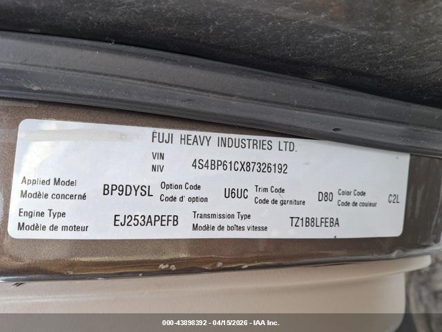 2008 Subaru Outback 2.5i/2.5i L.l. Bean Edition მანქანა იყიდება აუქციონზე, vin: 4S4BP61CX87326192, აუქციონის ნომერი: 43898392